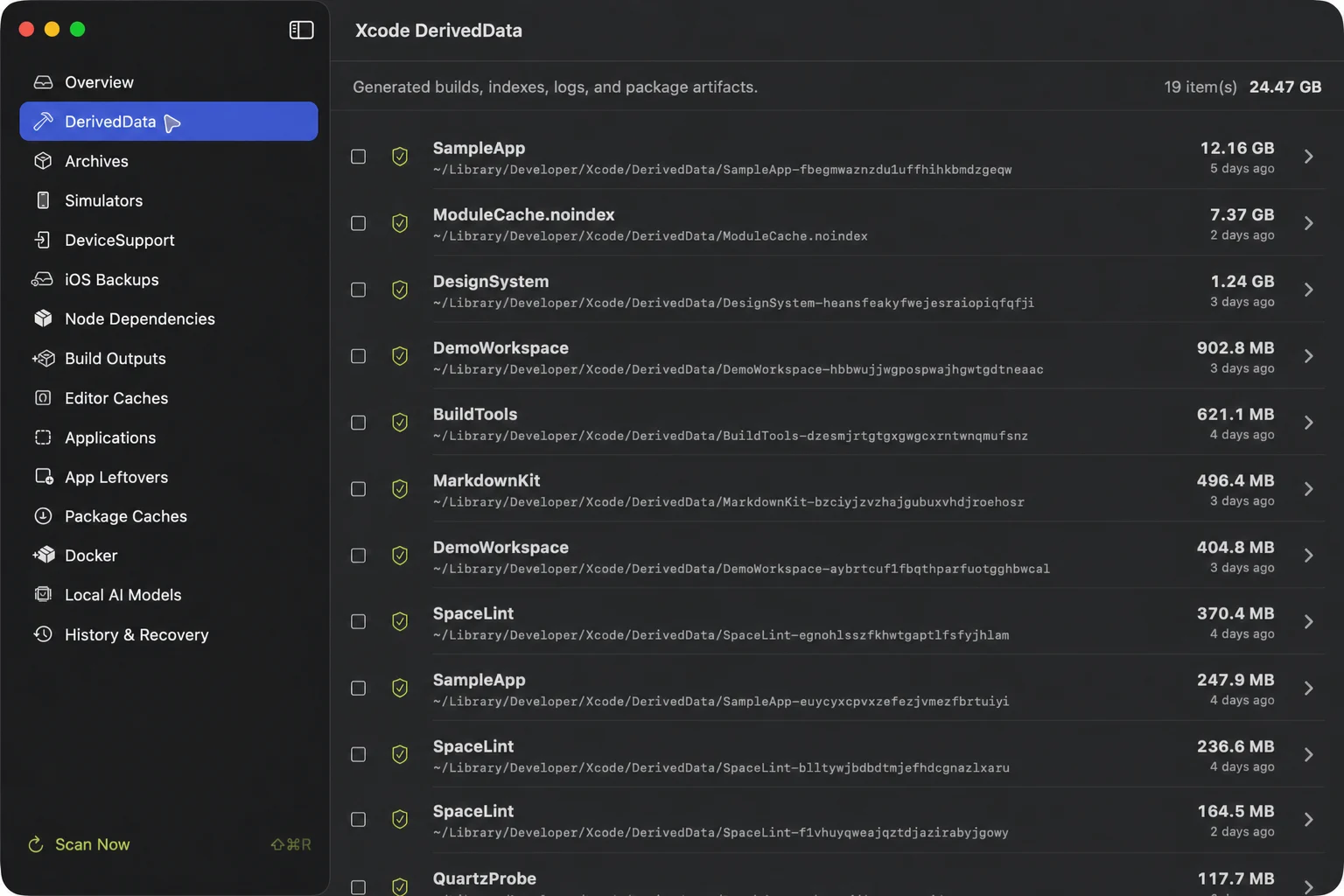 SpaceLint listing Xcode DerivedData with size, activity, and rebuildable status